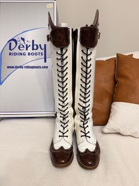 Derby White and Brown Lace-Up Riding Boots